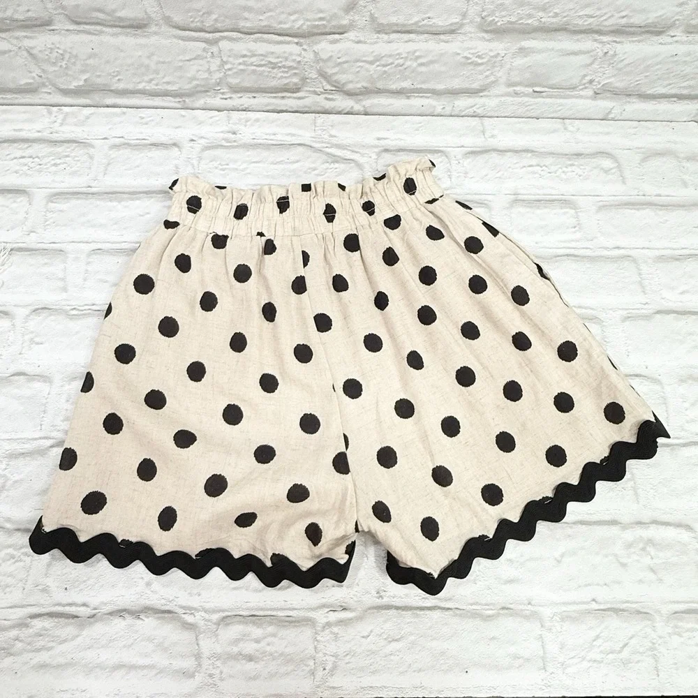 Aaron & Amber Linen Blend Shorts Khaki Black Polkadot Scalloped Hem Flowy Boho S